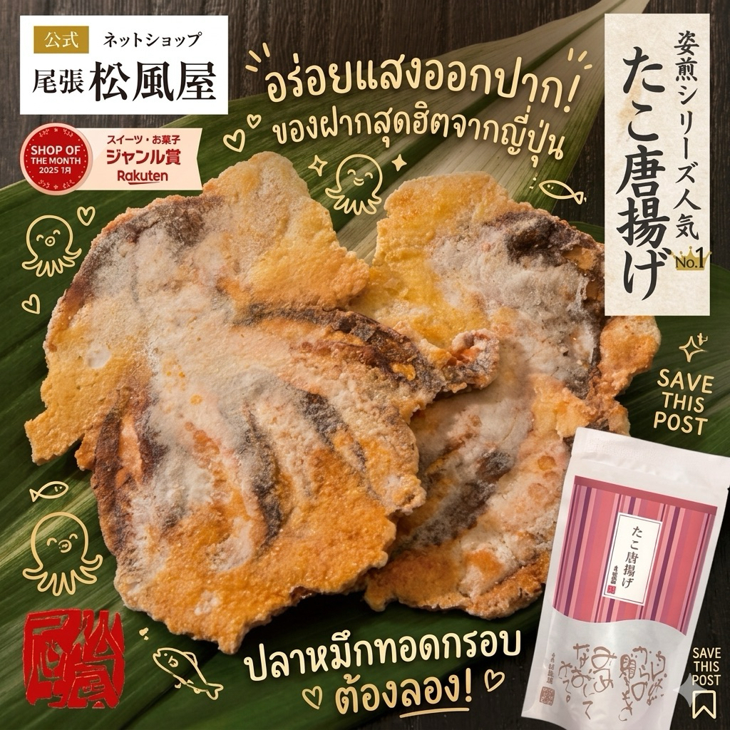 Tako Karaage" ปลาหมึกทอดกรอบ จากร้าน Owari Matsuzakaya ซึ่งเป็นขนมเซมเบ้พรีเมียมที่นำปลาหมึกมาแปรรูป