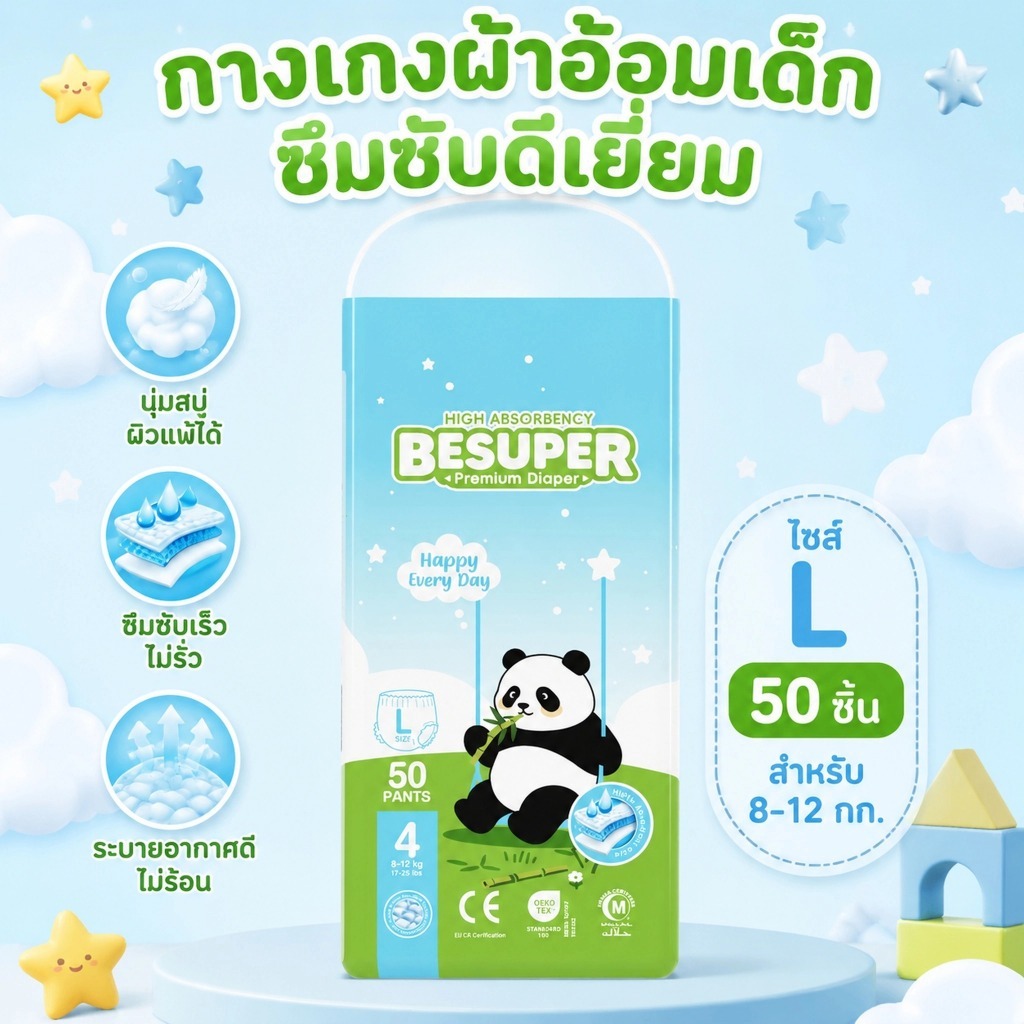 (พร้อมส่ง ) Besuper ผ้าอ้อมเด็ก แบบเทป/กางเกง นุ่มสบาย ผิวอ่อนโยนต่อผิว ซึมซับยาวนาน ครบทุกไซส์ NB‑XXXXL