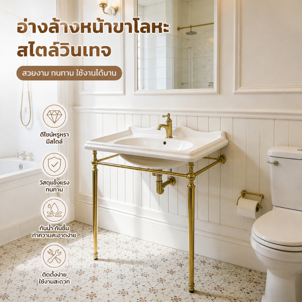 อ่างล้างหน้าตั้งพื้นสไตล์ฝรั่งเศสโบราณ ขาทองเหลืองสีทองดีไซน์หรู ใช้ในห้องน้ำ-ระเบียง ติดตั้งง่าย รองรับก๊อก 1-3 รู
