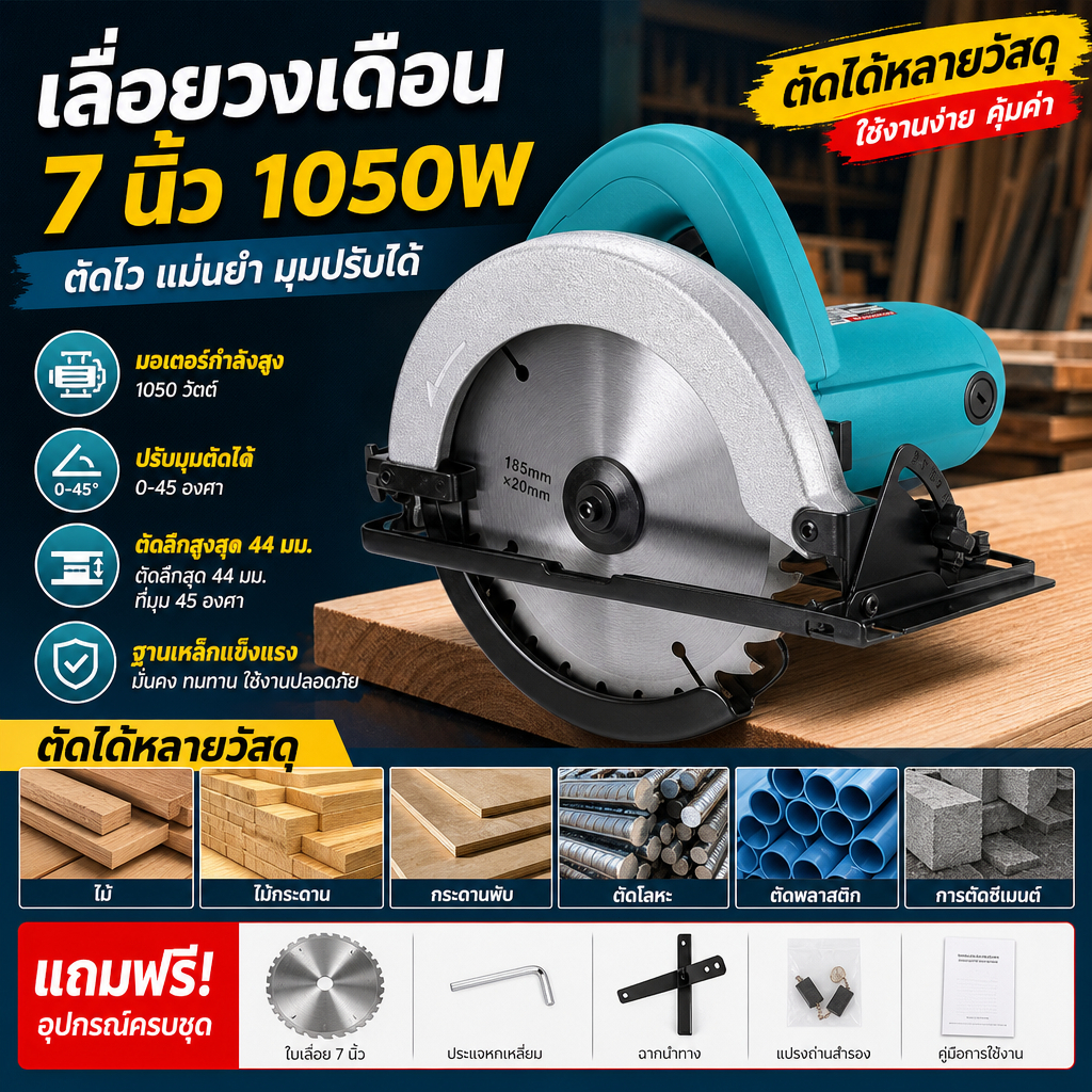 เลื่อยวงเดือน 7 นิ้ว รุ่น 5800NB-1050W พร้อมใบมีดตัด