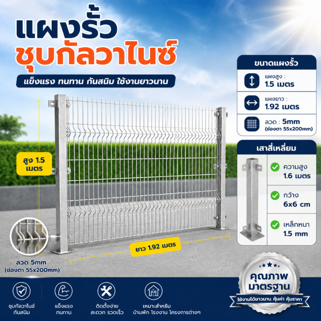 ยาว2m รั้วสำเร็จรูปชุบกัลวาไนซ์ ลวด5mm/6mm รั้วบ้าน สูง1.2m 1.5m 2m รั้วตาข่าย รั้วทางด่วน อุปกรณ์สร้างบ้าน โรงงาน โกดัง