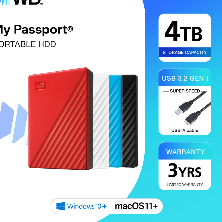 Western Digital HDD 4 TB  External Harddisk ฮาร์ดดิสพกพา รุ่น My Passport  WD 4 TB USB 3.2 Gen 1