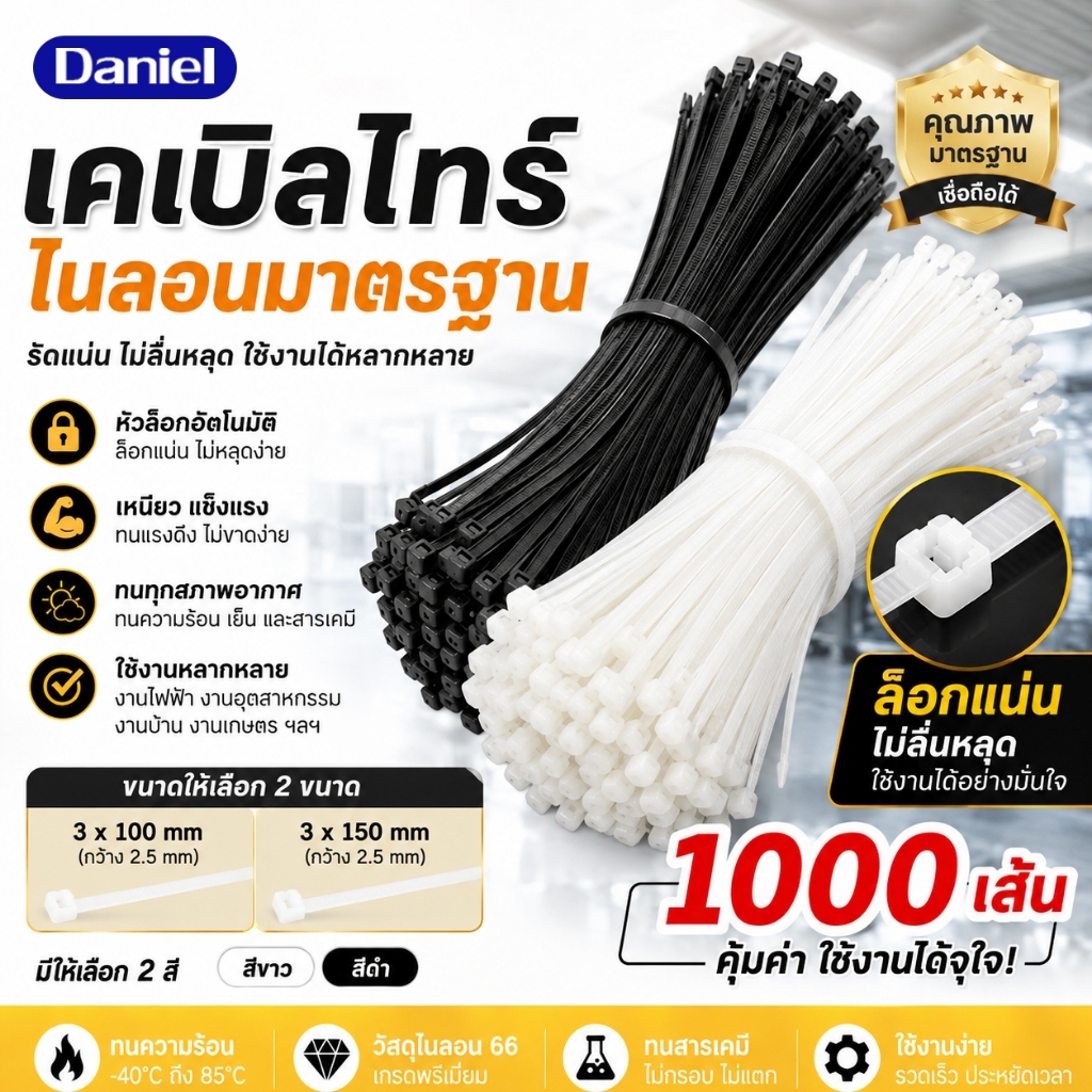 สายรัดไนล่อน เคเบิ้ลไทร์ Nylon Plastic อย่างหนา ถุงใหญ่ 1,000 ตัว ใช้งานทน รัดสายไฟแน่น