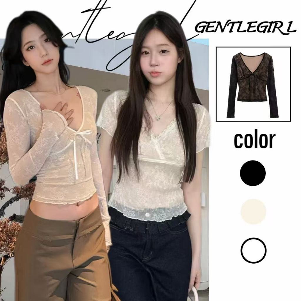 GG🎀จัดส่งที่รวดเร็ว🎀 เสื้อยืดลูกไม้แขนยาวคอวีสไตล์ตัณหาบริสุทธิ์ เหมาะสำหรับผู้หญิงเอวบางและท่อนล่างสั้นเซ็กซี่