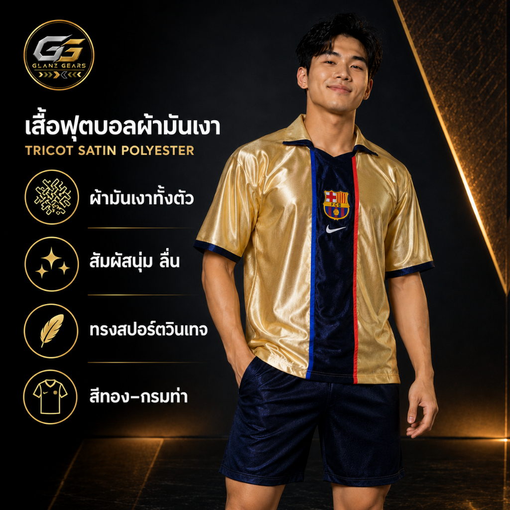 เสื้อฟุตบอลวินเทจสีทอง–กรมท่า Barcelona ผ้า Tricot Satin Polyester มันเงาทั้งตัว เสื้อกีฬาคอปก แขนสั้น