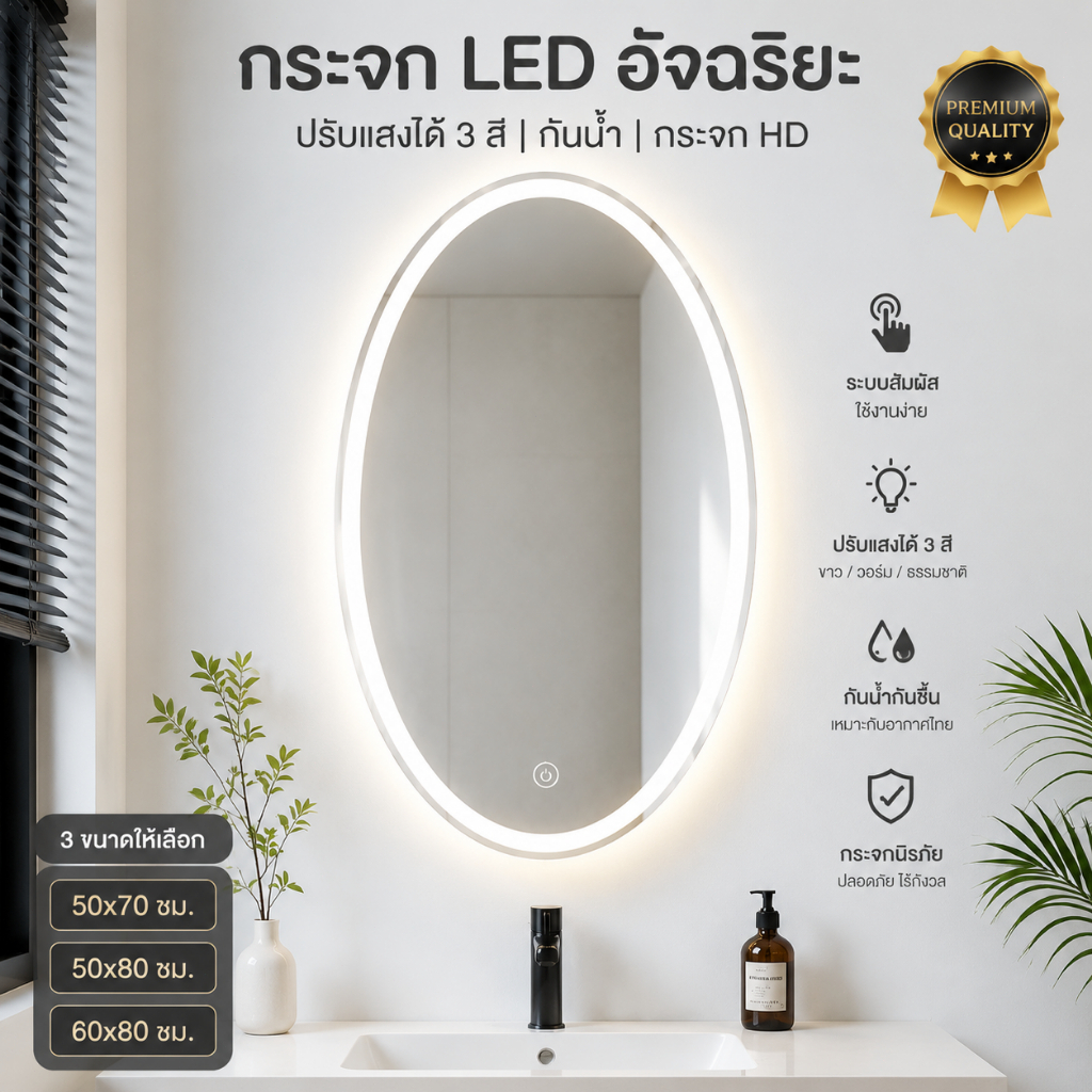 กระจกอัจฉริยะ LED รูปวงรี ปรับโหมดแสง 3 สี กันน้ำกันฝ้า ติดผนัง ตกแต่งห้องน้ำ ห้องนอน อพาร์ทเมนต์
