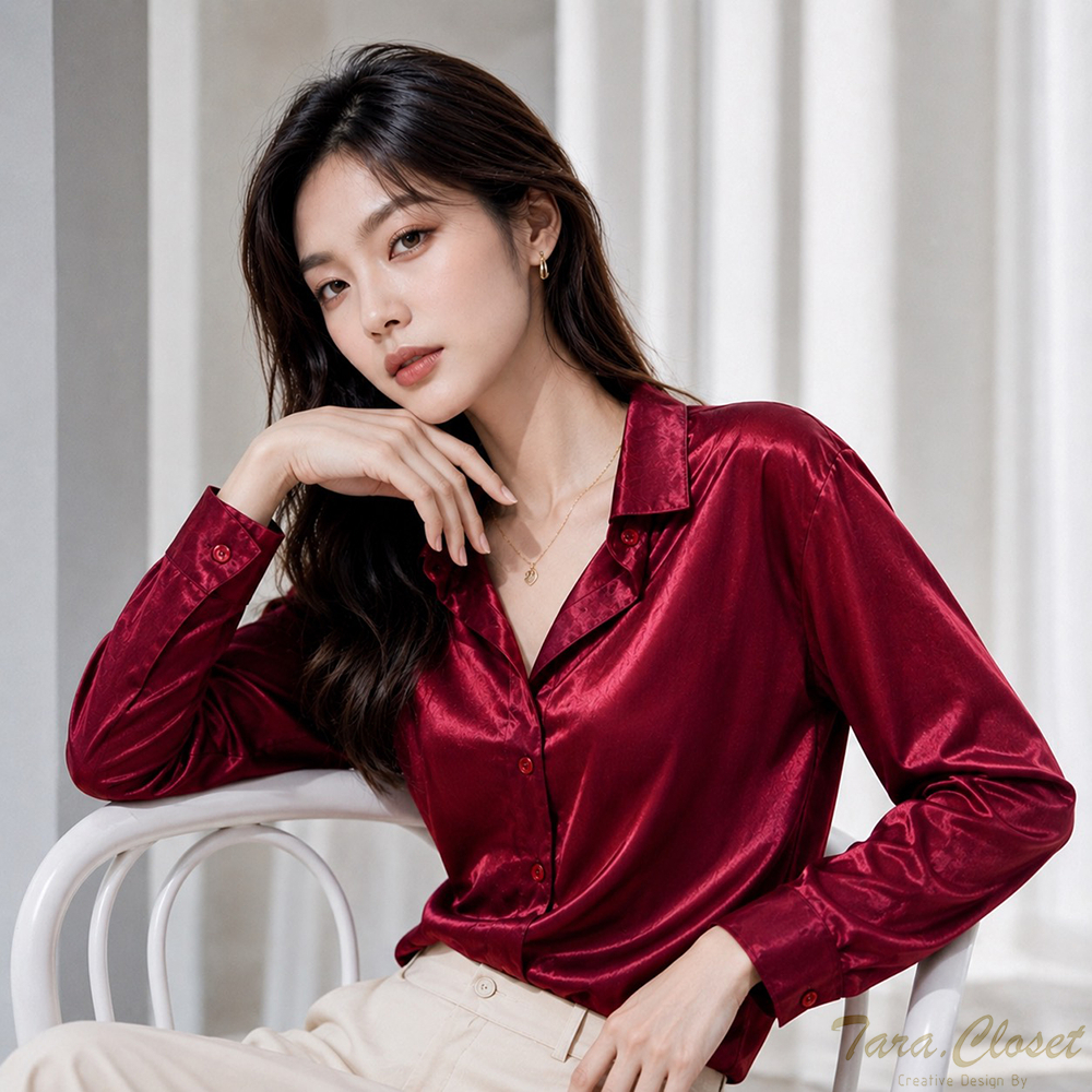 SATIN005 MAROONHOT เสื้อสีแดง สำหรับธีม งานเลี้ยงปีใหม่ เทศกาลคริสต์มาส ตรุษจีน วาเลนไทน์ เนื้อผ้าซาติน ผ้าดีมาก ใส่สบาย
