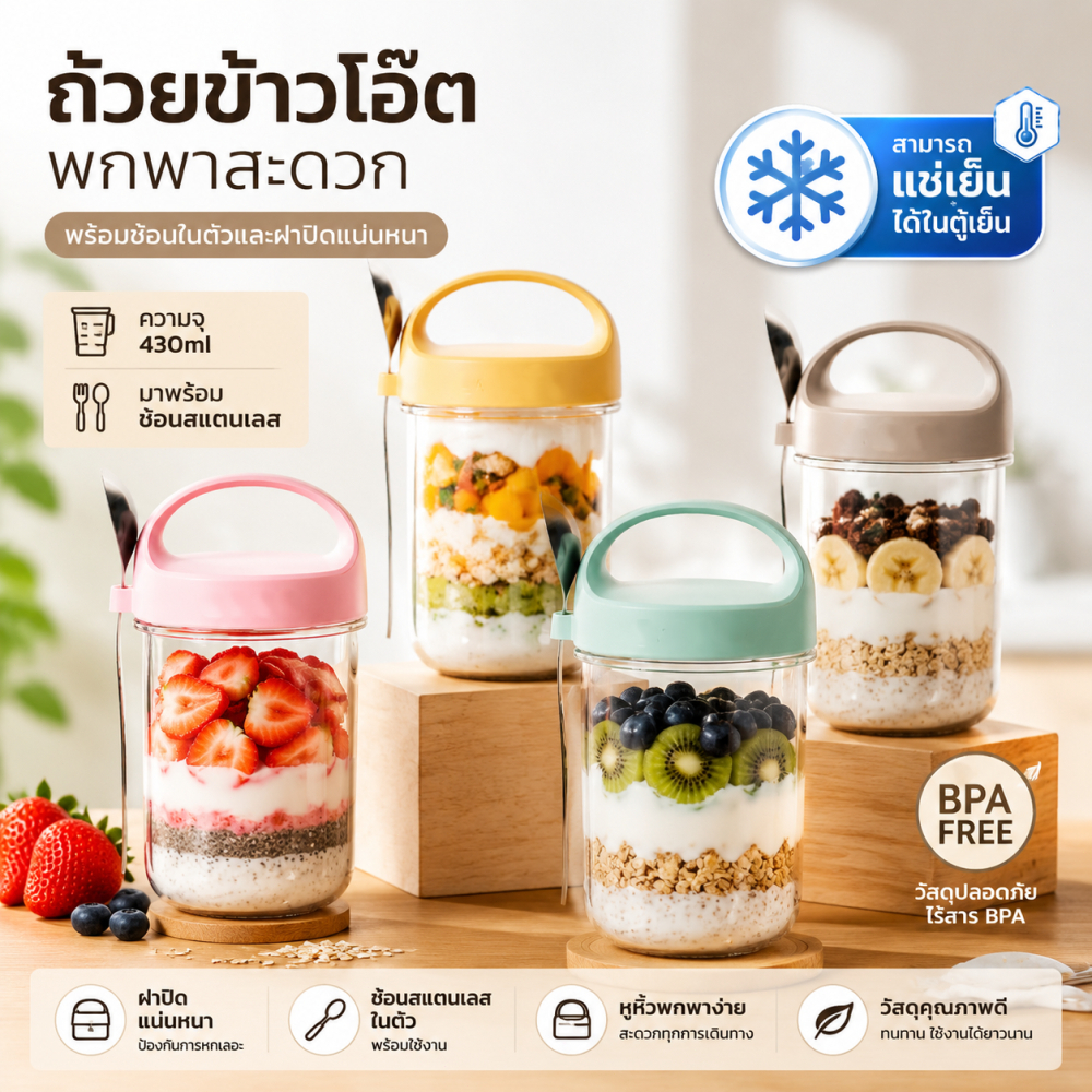 แก้วอาหารเช้า ถ้วยข้าวโอ๊ต 430ml พร้อมฝาปิดสนิท พร้อมช้อนในตัว พกพาสะดวก ดีไซน์กะทัดรัด กันหกเลอะกระเป๋า