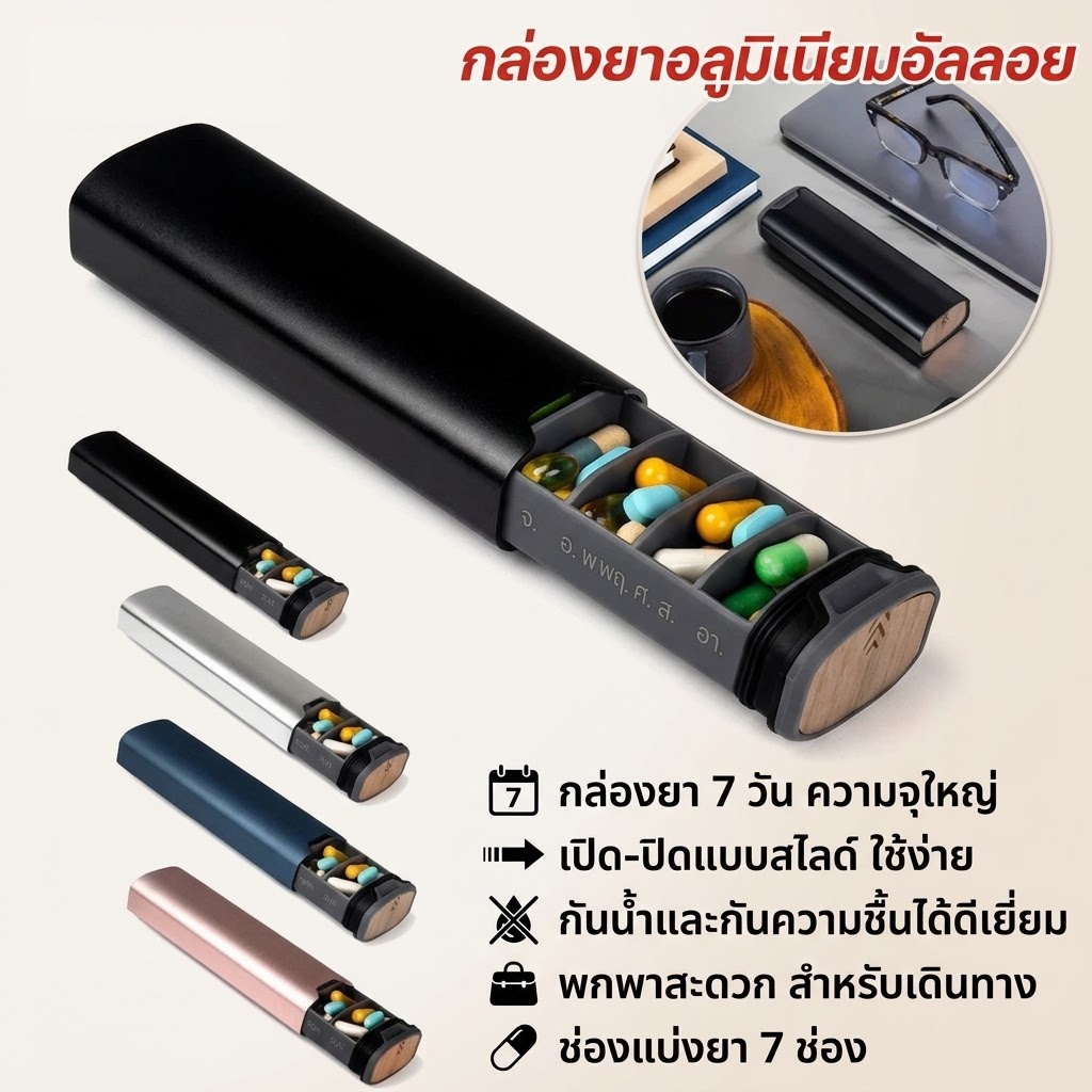 [พร้อมส่ง/COD] กล่องใส่ยาอลูมิเนียม 7 วัน วัสดุแข็งแรง กันน้ำกันชื้น พกพาสะดวก สำหรับบ้าน ทำงาน ท่องเที่ยว