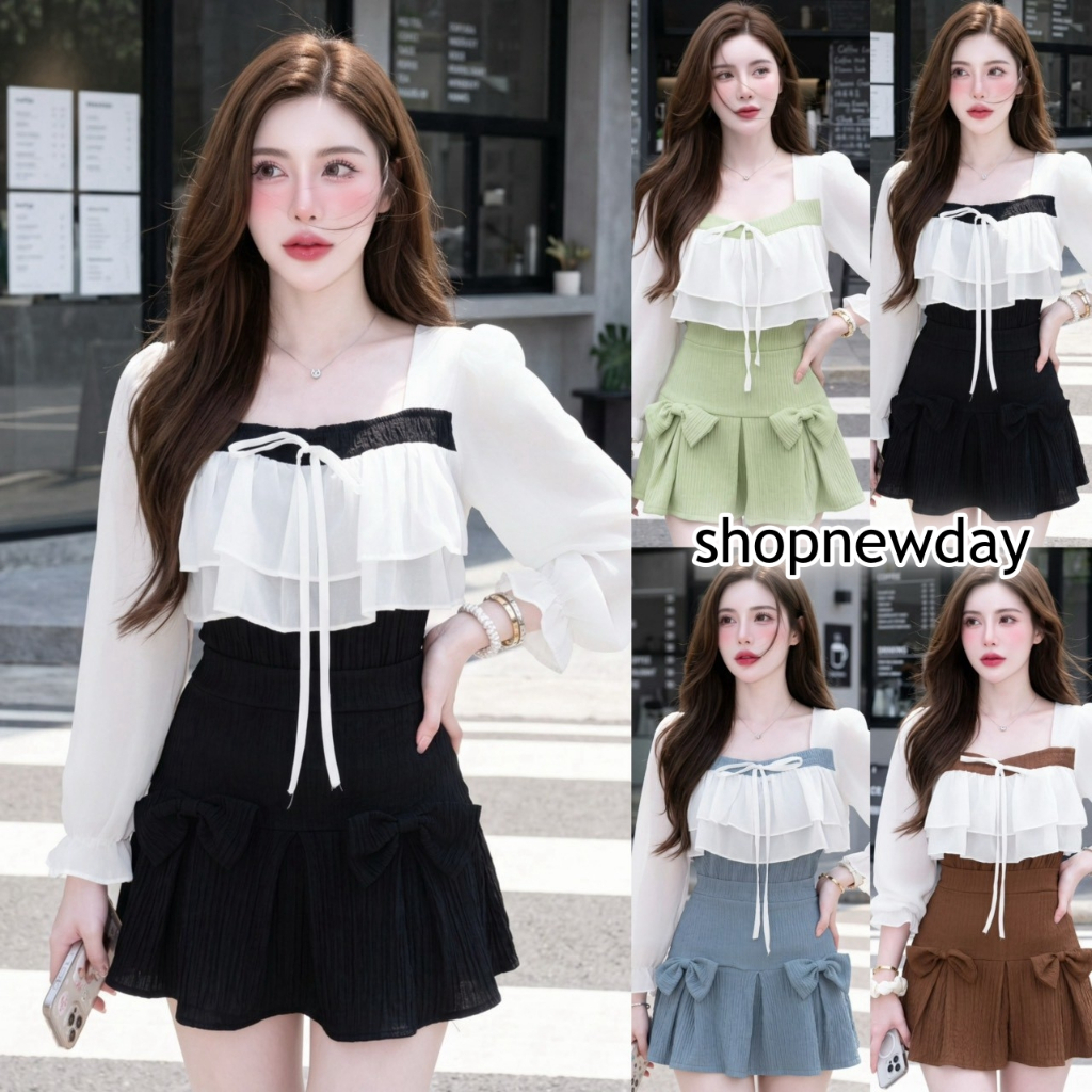 ชุดเซตสั้นแฟชั่น ผ้าเปลือกไม้ เสื้อแขนยาวผ้าซีฟองระบายอกผูกโบว์อก+กางเกงกระโปรงเอวเรียบสม๊อคหลังแต่งโบว์หน้า A8653