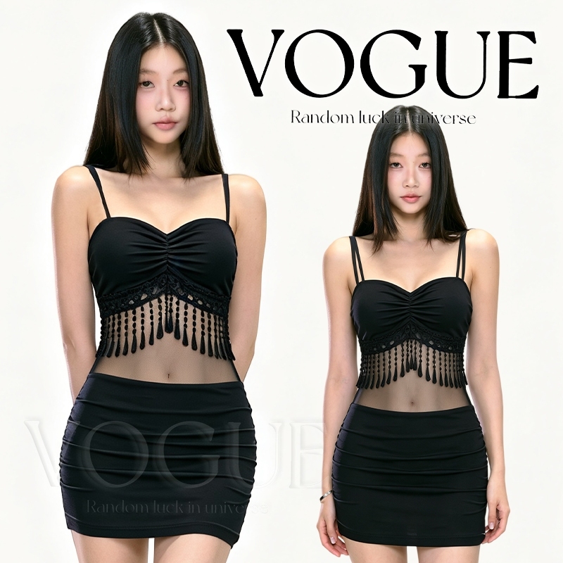 Vogue🌟พร้อมส่ง🌟 ชุดเดรสรัดรูป ดีไซน์ผ้าซีทรูร้อยพู่ ทันสมัยเซ็กซี่ มีฟองน้ำ พรางหุ่น สไตล์สาวแซ่บฤดูร้อน (FY640)