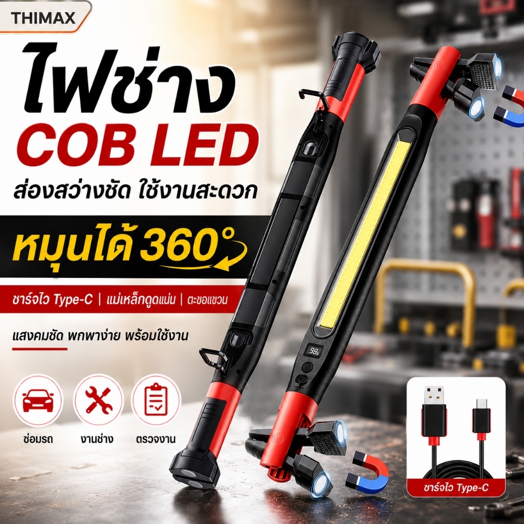 ไฟฉายช่าง LED COB ไฟทำงานแม่เหล็ก ชาร์จ Type-C แบบพกพา หมุนได้ 180° มีตะขอแขวน สำหรับซ่อมรถ งานช่าง