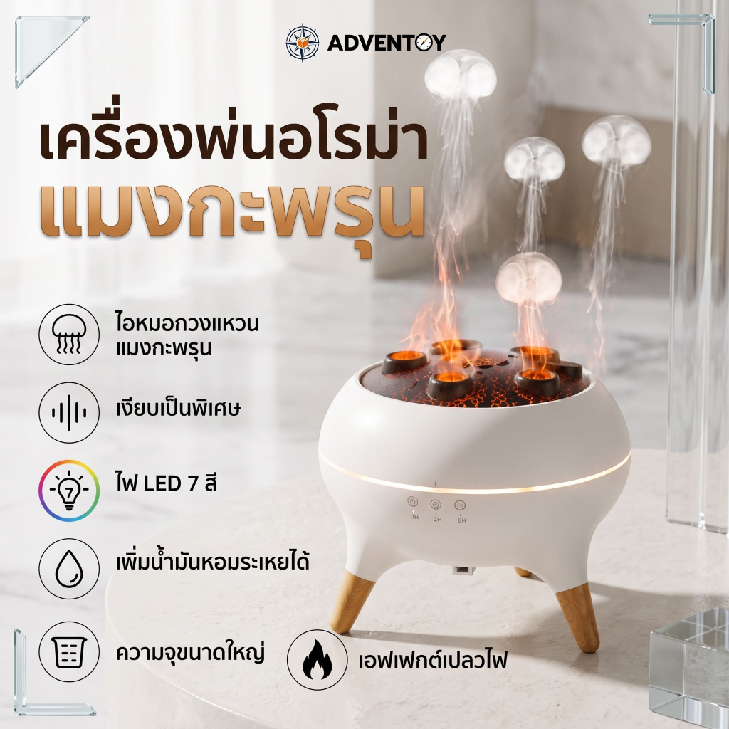 [เครื่องพ่นไอน้ำอโรม่ารูปแมงกะพรุน] พ่นควันเป็นวงแหวน ไฟ 7 สี LED เปลวไฟสมจริง หมอกเยอะ ความจุ 250ml. กระจายกลิ่นหอม