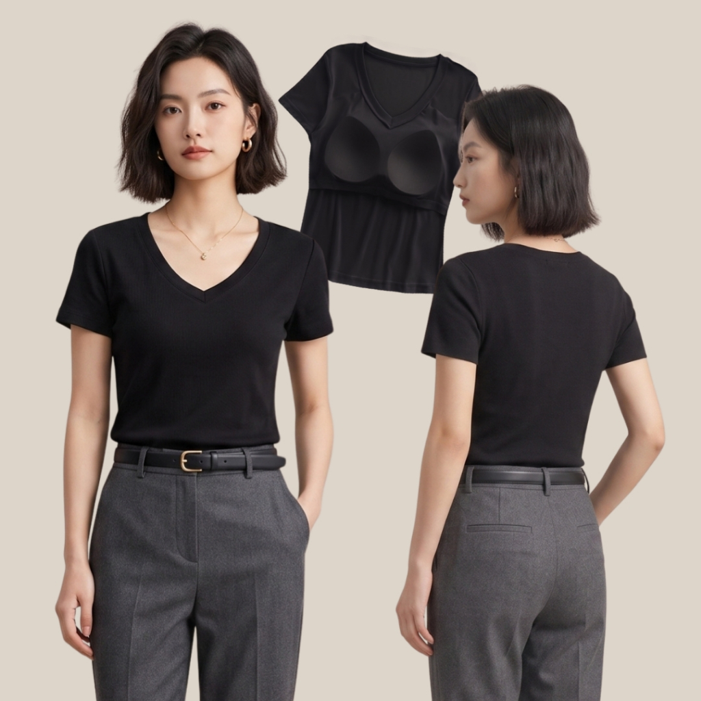 WsimpleBra | Hazel Top Shirt เสื้อยืด คอวี แขนสั้น ผ้า Lyocell มีบราในตัว ไม่ต้องใส่ชุดชั้นในอีก