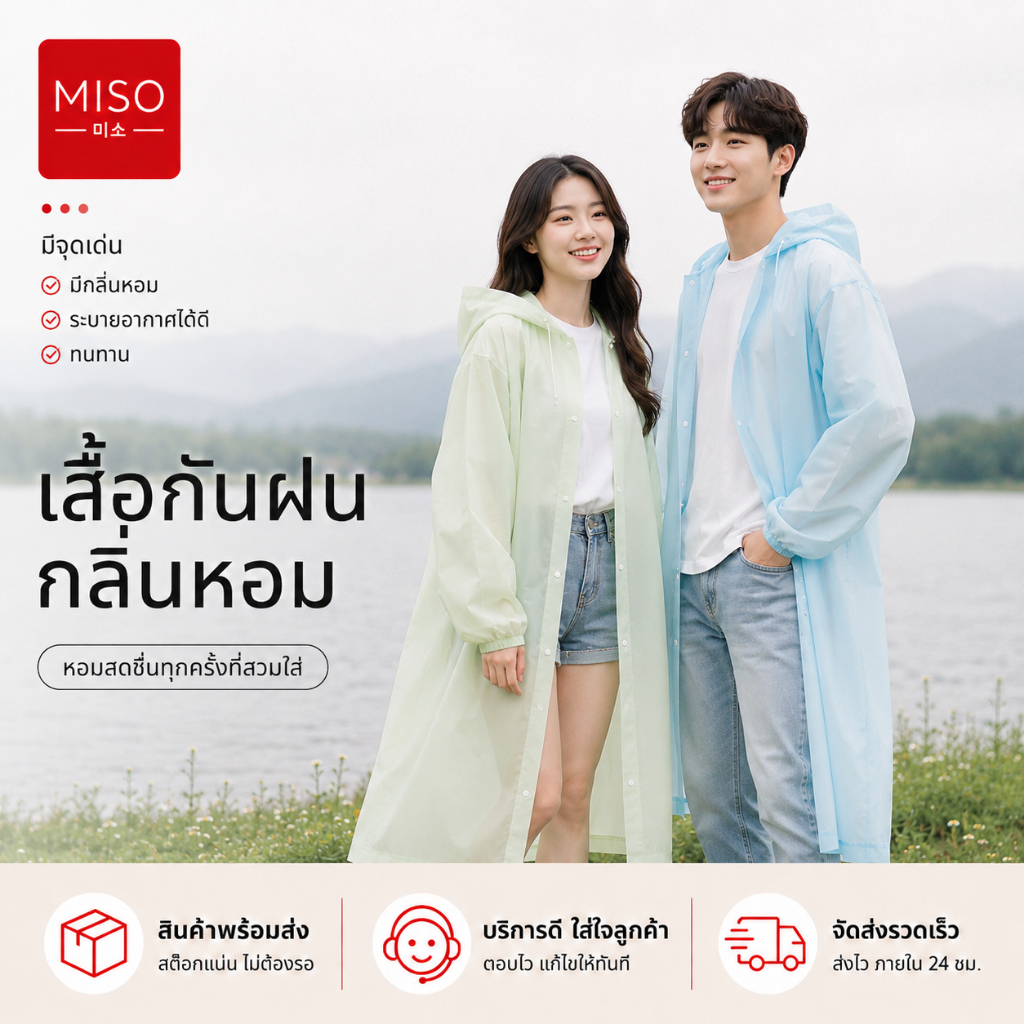 MISO ส่งภายใน 24 ชม. เสื้อกันฝนพกพา เสื้อกันฝนอโรมา กันน้ำ กันลม น้ำหนักเบา กลิ่นหอมอ่อนๆ