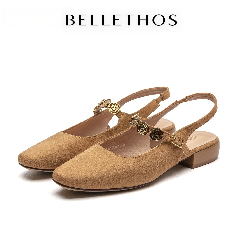 BELLETHOS รองเท้าแตะหนังกลับสไตล์เกาหลี ประดับโลหะ ส้นเตี้ย เดินสบาย เหมาะกับลุคหวานๆ เรียบหรู สามารถใส่ไปทำงานได้