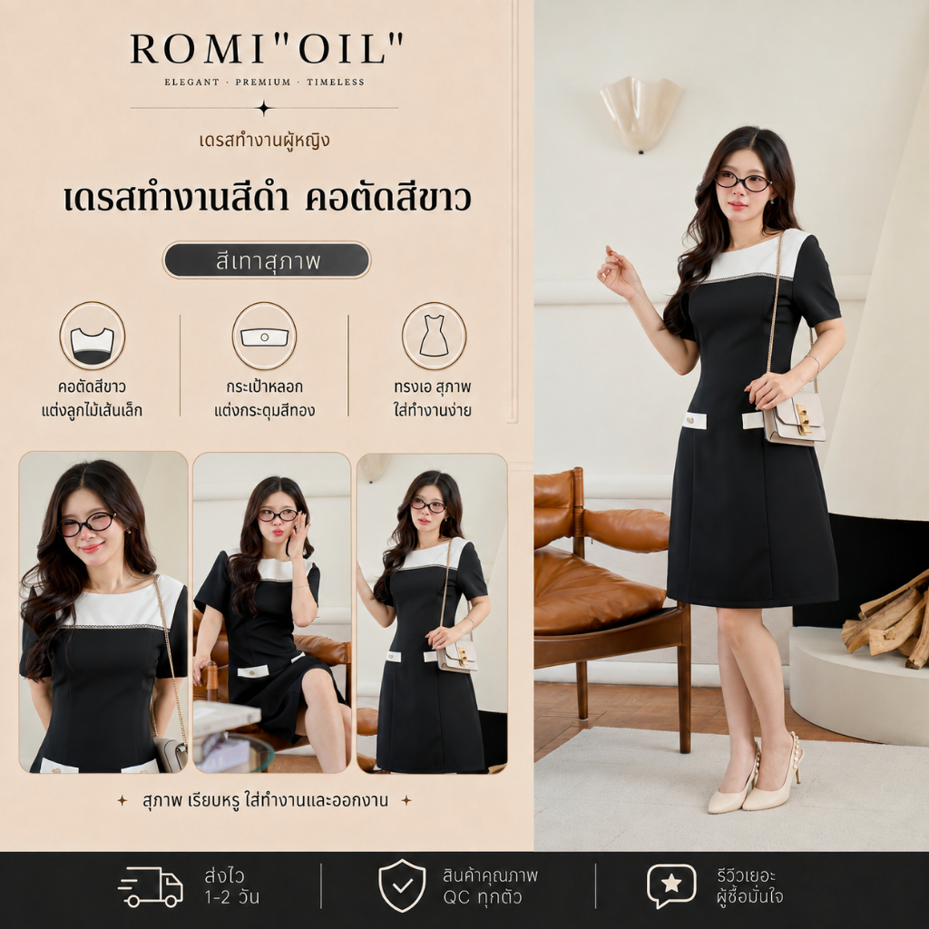 "Romi"Oil" K456 ชุดเดรสสีดำ (แต่งฉลุสีขาว)