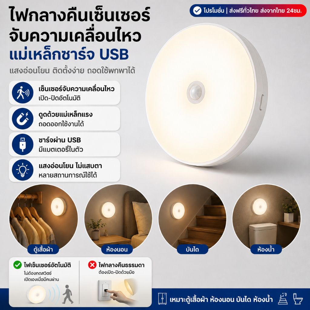 ไฟติดผนังกำแพง ไฟเซ็นเซอร์ LED ไฟอัตโนมัติ โคมไฟหัวเตียง หัวเตียง ห้องโถง โคมติดง่าย ไม่ต้องเจาะ ไฟบันได