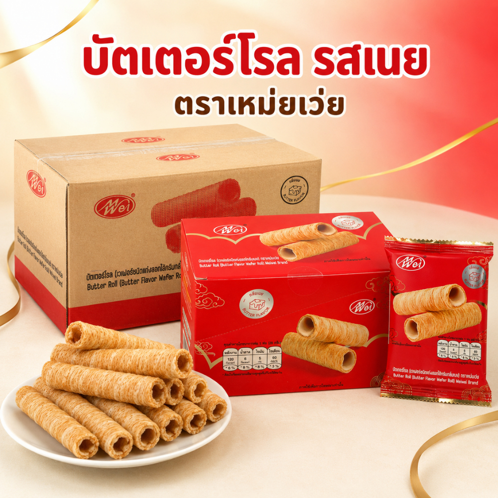 บัสเตอร์โรล เวเฟอร์ไส้ครีมกลิ่นเนย Meiwei | 1 ลัง 12 กล่อง 144 ชิ้น | ขนมขายส่ง ขนมขายดี พร้อมส่ง