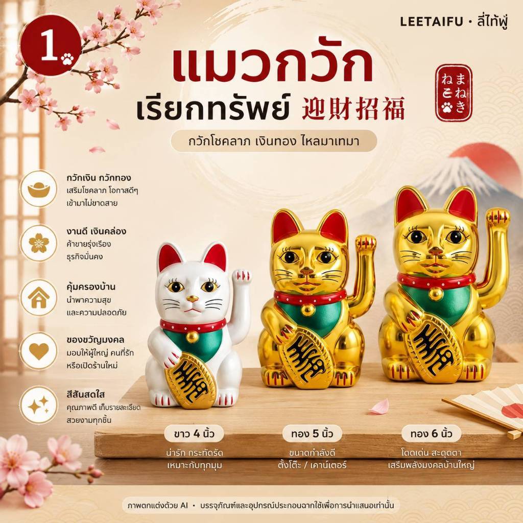 แมวกวักเงิน แมวกวักทอง 5 นิ้ว 6 นิ้ว นำโชค แมวกวักเรียกทรัพย์ แมวกวักญี่ปุ่น Maneki Neko