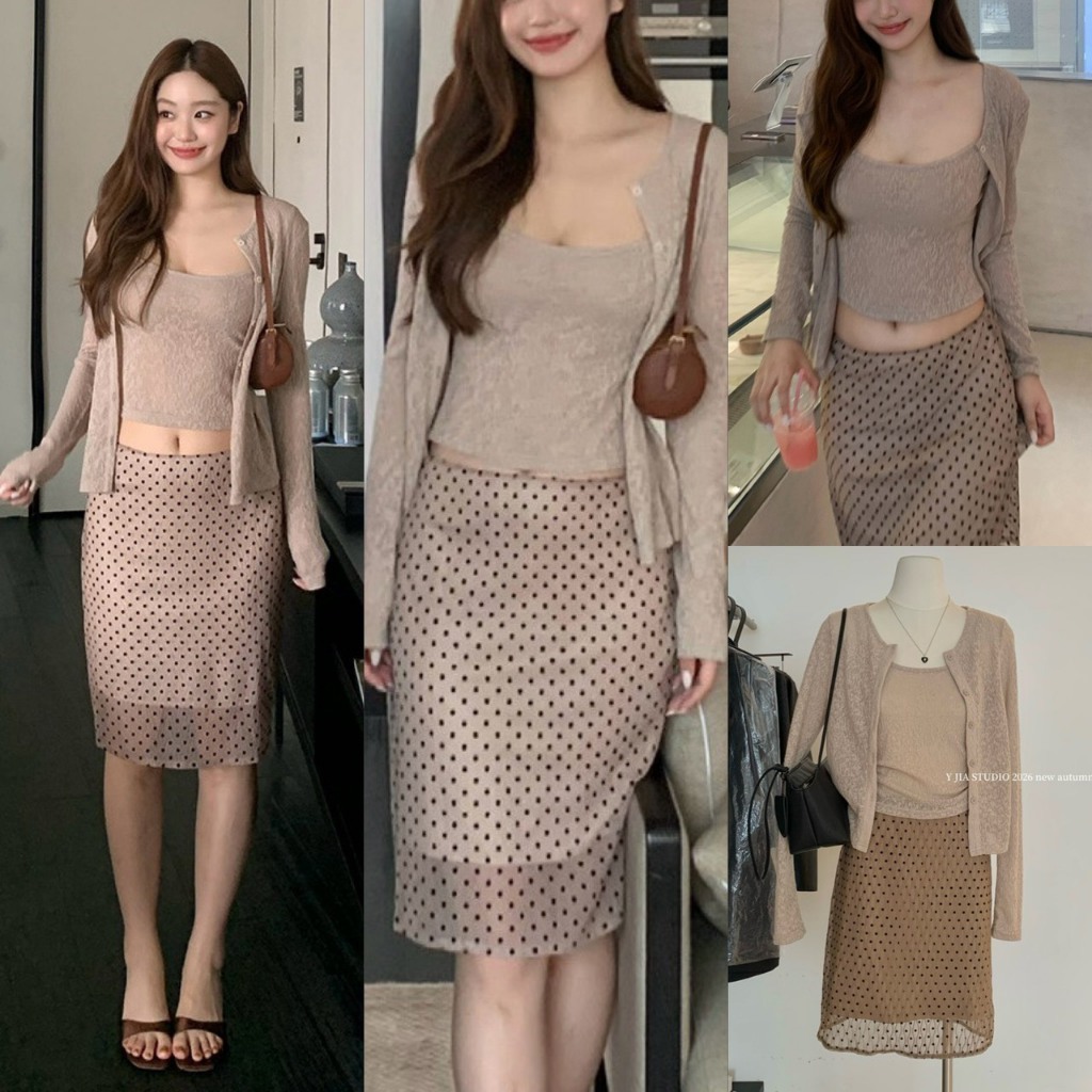 Y7109 เซต 3 ชิ้น สไตล์เกาหลี (เสื้อสายเดี่ยว + เสื้อคลุมคาร์ดิแกน + กระโปรงมุ้งลายจุด) แฟชั่นเกาหลี TAG Yjia