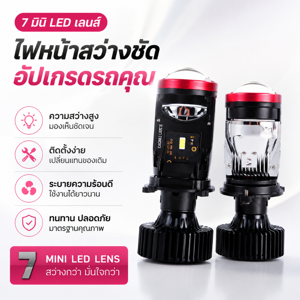 หลอดไฟ LED Y7D ขั้ว H4 Mini Projector RHD คัทออฟแสงคม สว่างสุดของรุ่น Y รับประกัน 2 ปี