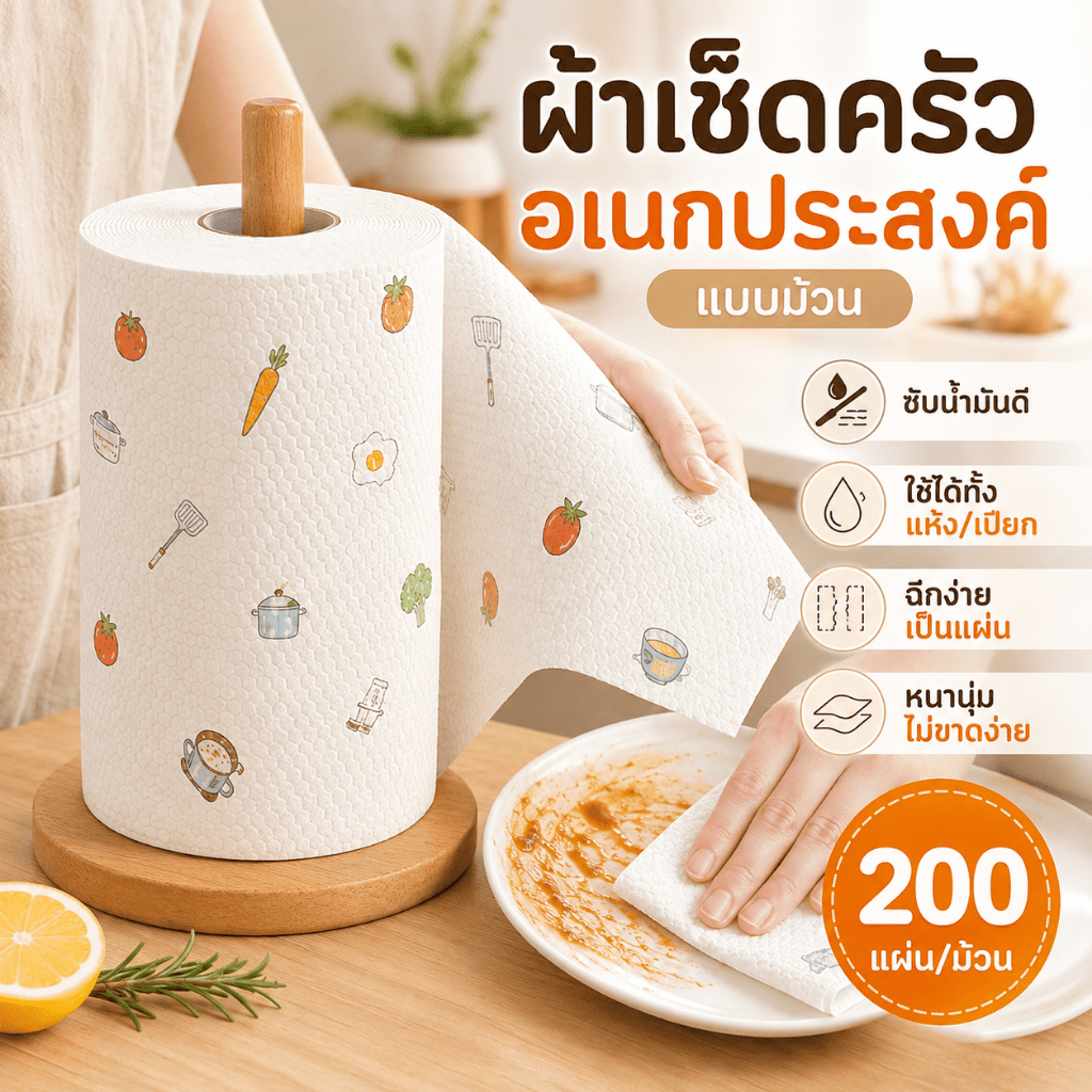 กระดาษเช็ดครัวหนาพิเศษ ม้วนใหญ่ ซับน้ำมันซับน้ำดีมาก แข็งแรงไม่ขาด ใช้ได้ทั้งแห้งและเปียก ปลอดภัยสัมผัสอาหาร หยิบใช้สะดว