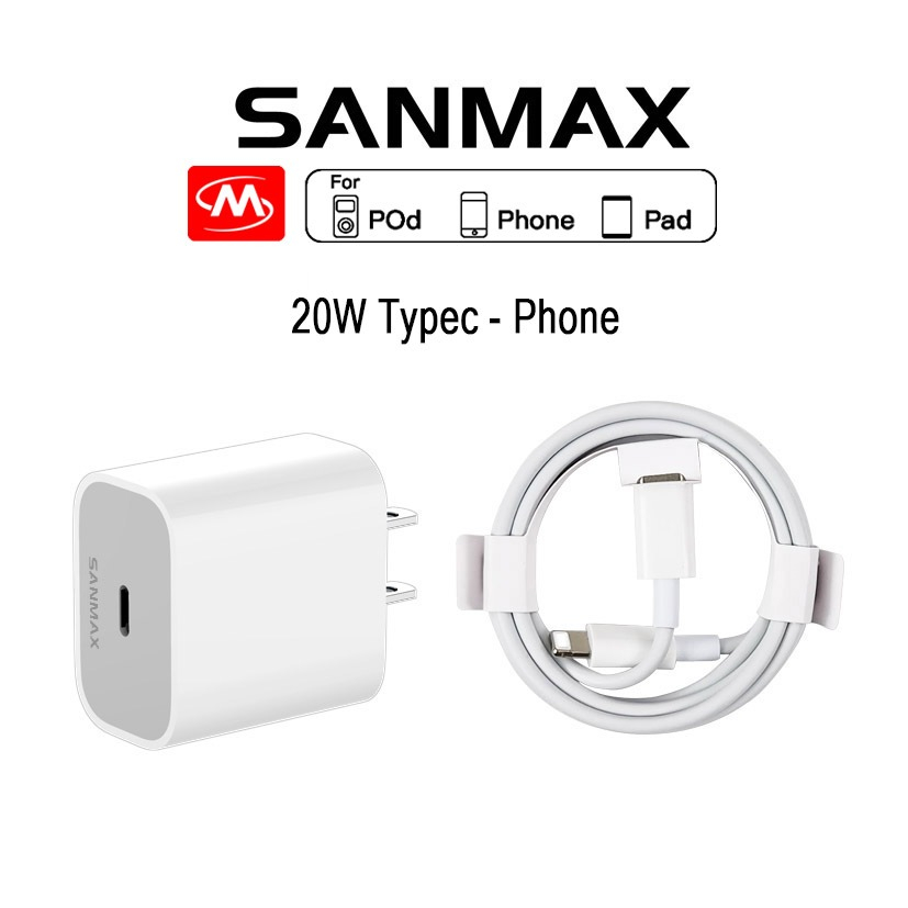 สายชาร์จ 20w Typec หัวชาร์จ pd 20w สำหรับรุ่น 5 6 7 8 8plus x xr 11 12 13 14pro max se ยี่ห้อ sanmax fastcharging