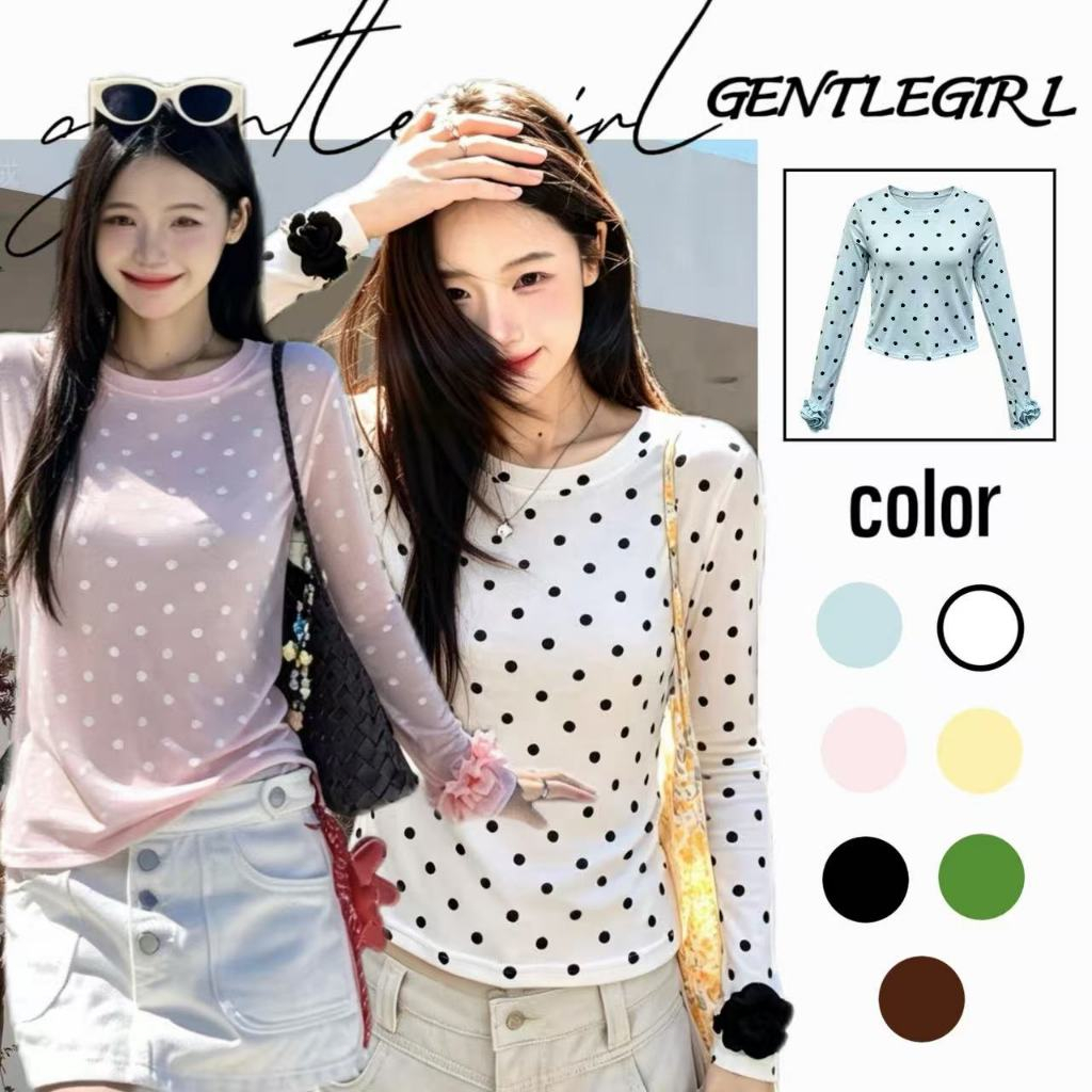 #GG🎀เสื้อยืดแขนยาวสีขาวลายจุด สไตล์เกาหลี สำหรับใส่เป็นชั้นใน มีลายดอกไม้ที่ข้อมือ