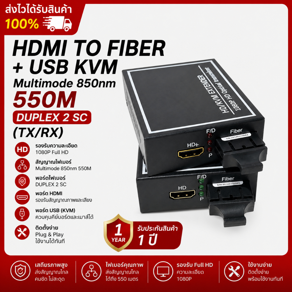 HDMI TO FIBER + USB KVM Multimode 850nm 550M DUPLEX 2 SC (TX/RX)
