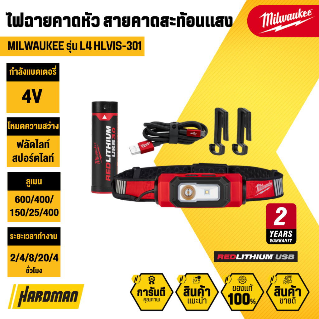 MILWAUKEE L4 HLVIS-301 ไฟฉายคาดหัว สายคาดสะท้อนแสง