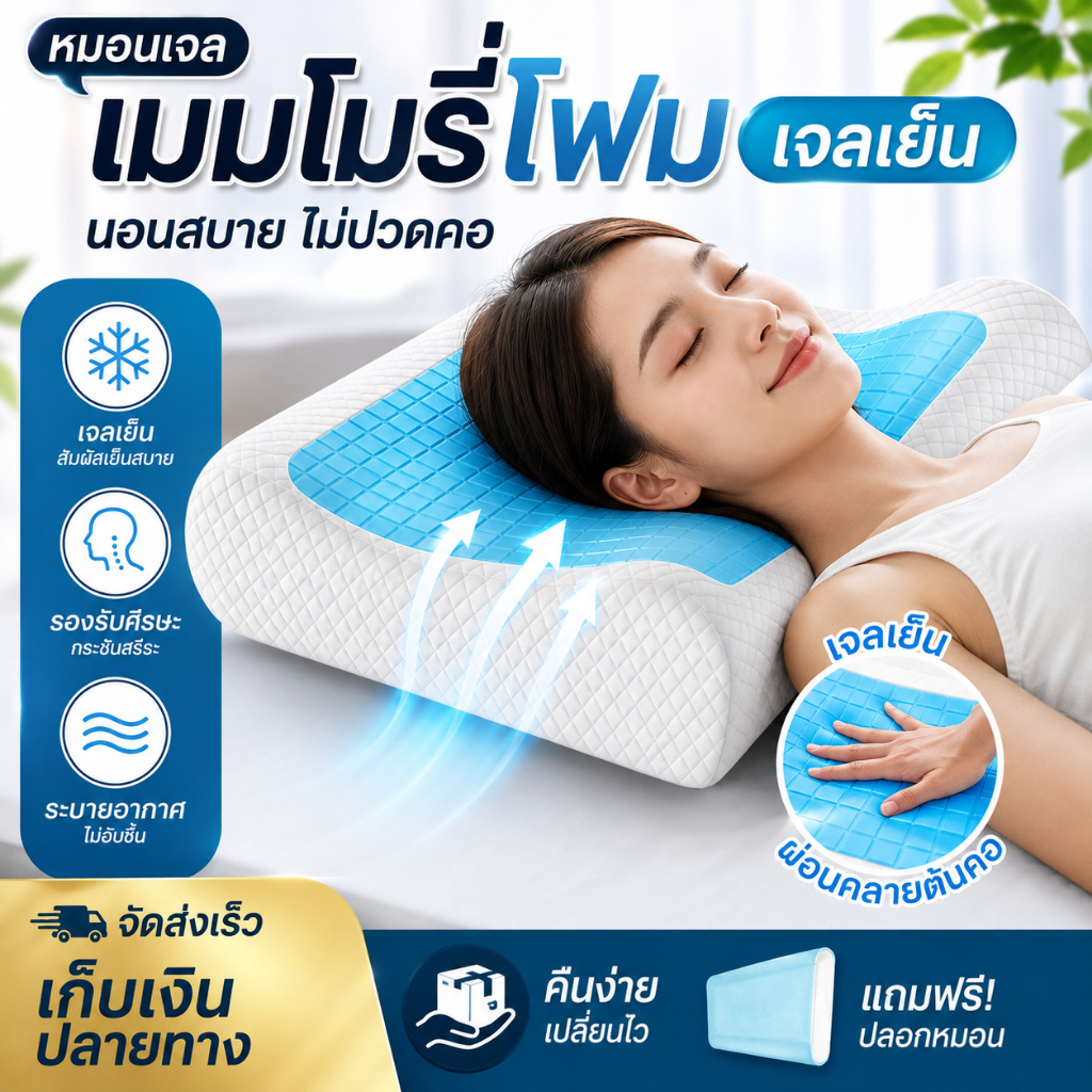 หมอนเจลเมมโมรี่โฟม รองรับศีรษะและต้นคออย่างนุ่มสบาย ช่วยกระจายแรงกดทับบริเวณศีรษะและคอ หมอนเมมโมรี่โฟม