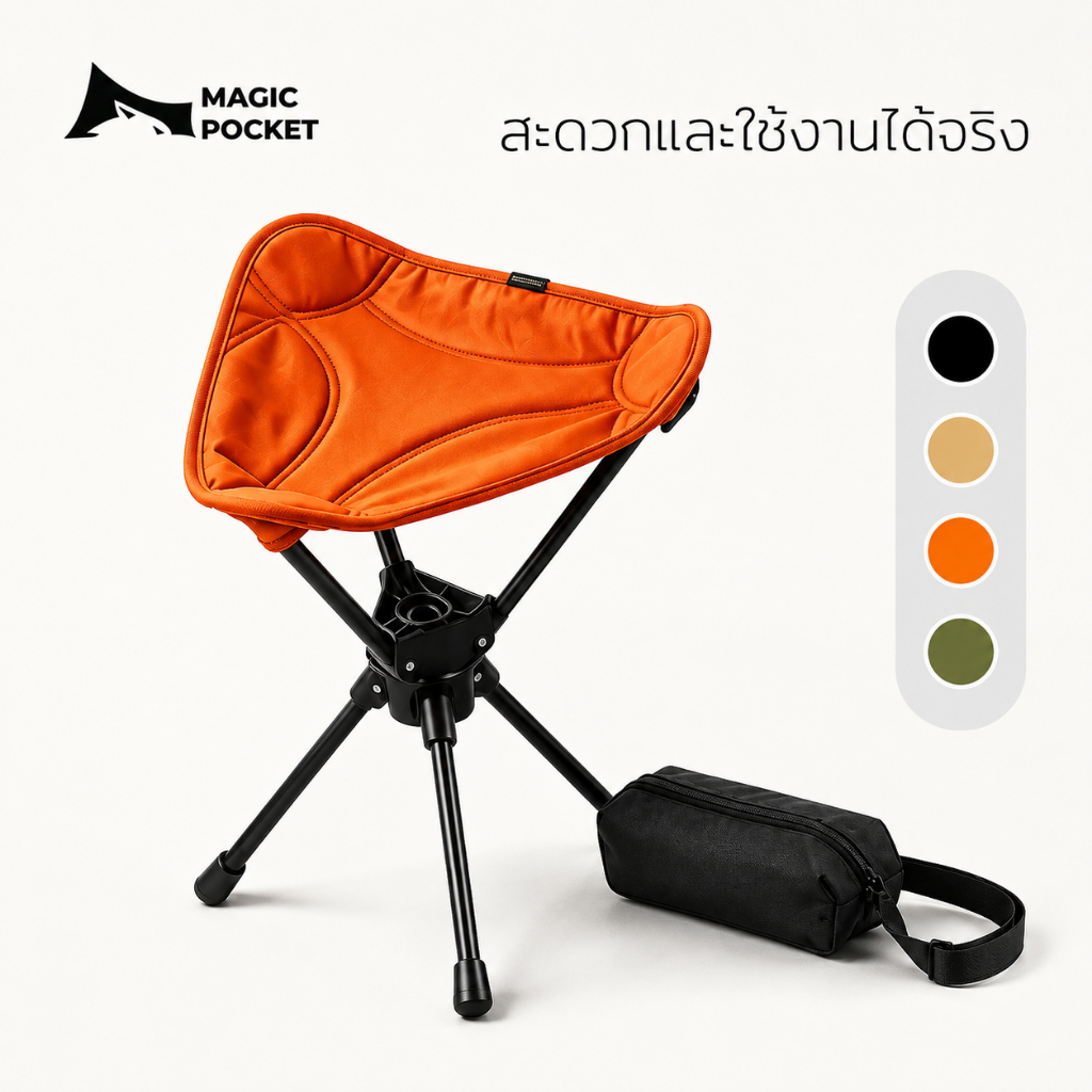 Magic pocket เก้าอี้แคมป์ปิ้ง เก้าอี้สนาม พับได้ หมุนได้ 360 องศา พกพาสะดวก รับน้ำหนัก 200 กก. ถุงเก็บ พับเก็บได้