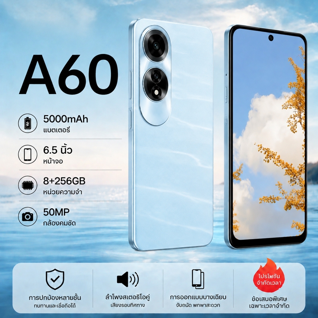 มือถือ A60 RAM 8GB ROM 256GB แถมฟรีเคส+ฟิล์มกันรอย สั่งซื้อรับประกันเพิ่มอีก 12 เดือน