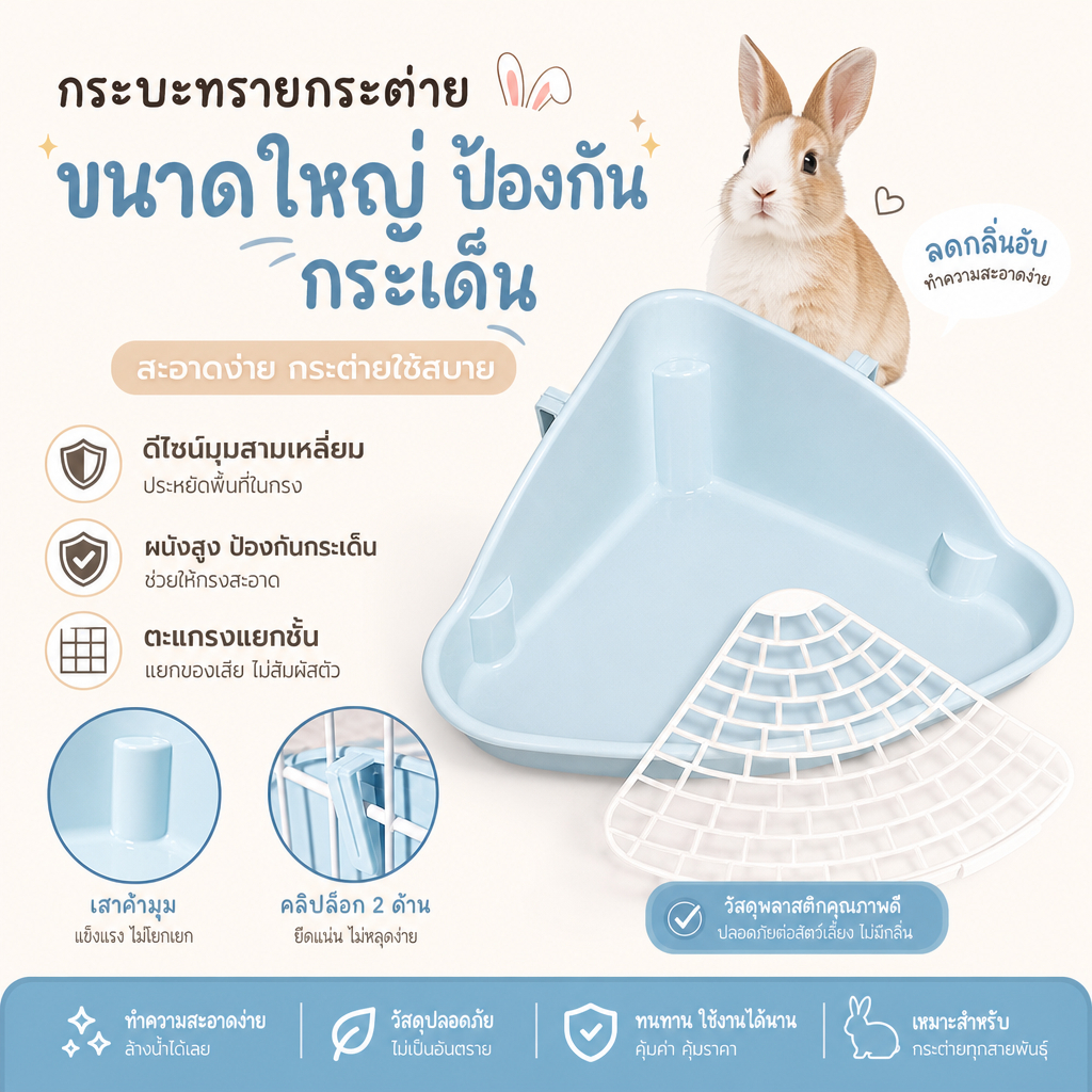 PETBABY ห้องน้ำกระต่าย 4สี ห้องน้ำสัตว์เลี้ยง ทรงสามเหลี่ยม มีตะแกรง กันฉี่เลอะ ถอดล้างง่าย