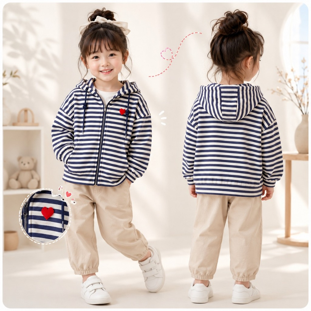 MC127 เสื้อคลุมเด็กผู้หญิง ลายทางกรมขาว ปักหัวใจแดง สไตล์เกาหลีน่ารัก