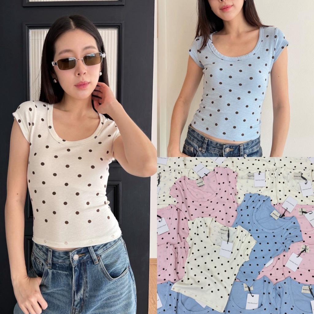 VL 5435 เสื้อยืดแขนสั้น ลายจุด เข้ารูป ทรงพอดีตัว ผ้าดีใส่สบาย