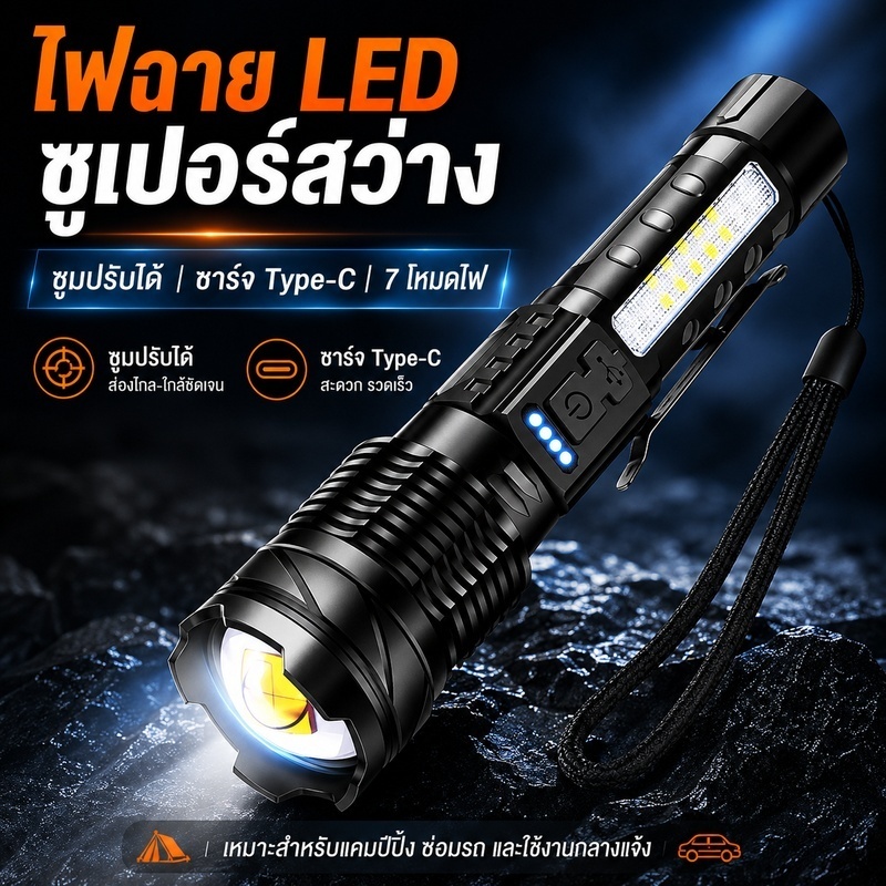 ไฟฉายแรงสูง ไฟฉาย LED 30W ไฟข้าง 180LED 7โหมด ซูมได้ ชาร์จ Type-C พกพา เดินป่า แคมป์ปิ้ง ไฟฉุกเฉิน กันละอองน้ำ สว่างมาก