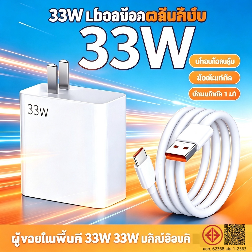 ชุดชาร์จเร็ว 33W มาพร้อมสายชาร์จและหัวชาร์จเร็ว 33W ให้กำลังชาร์จซูเปอร์เร็ว เข้ากันได้กับโทรศัพท์รุ
