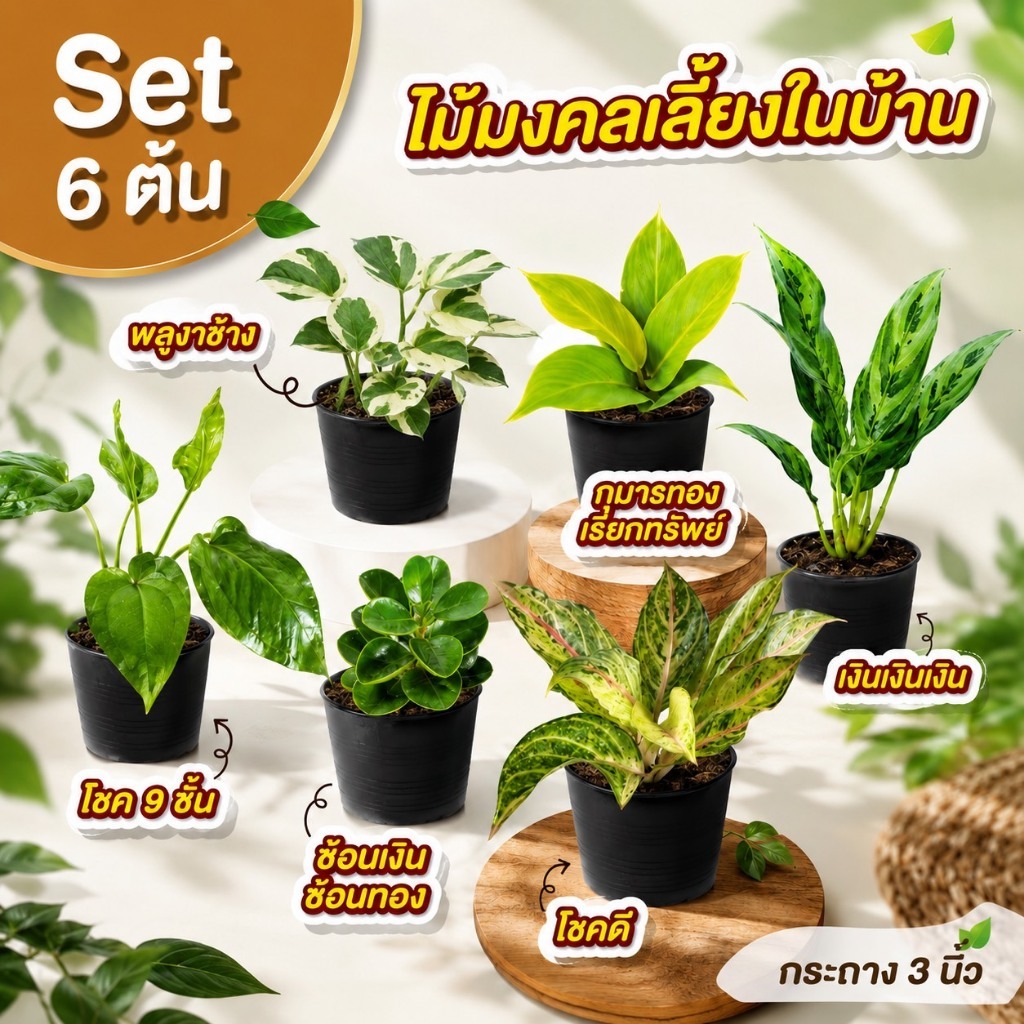 set 6 ต้น ไม้มงคลเลี้ยงในบ้านได้ (กระถาง 3 นิ้ว) รวมไม้มงคล ไม้ฟอกอากศเลี้ยงในบ้าน ต้นไม้เล็ก