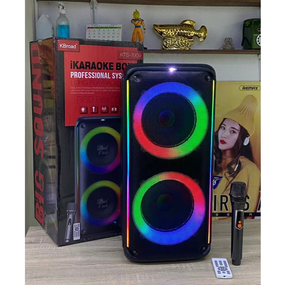 ลำโพงบลูทูธ KTS-1909 ดอก8นิ้ว2ดอก (60W+15W) ปรับวอลลุ่มไมค์ได้ AUX/TF/USB/ECHO/BASS แถมไมค์ลอย+รีโมท