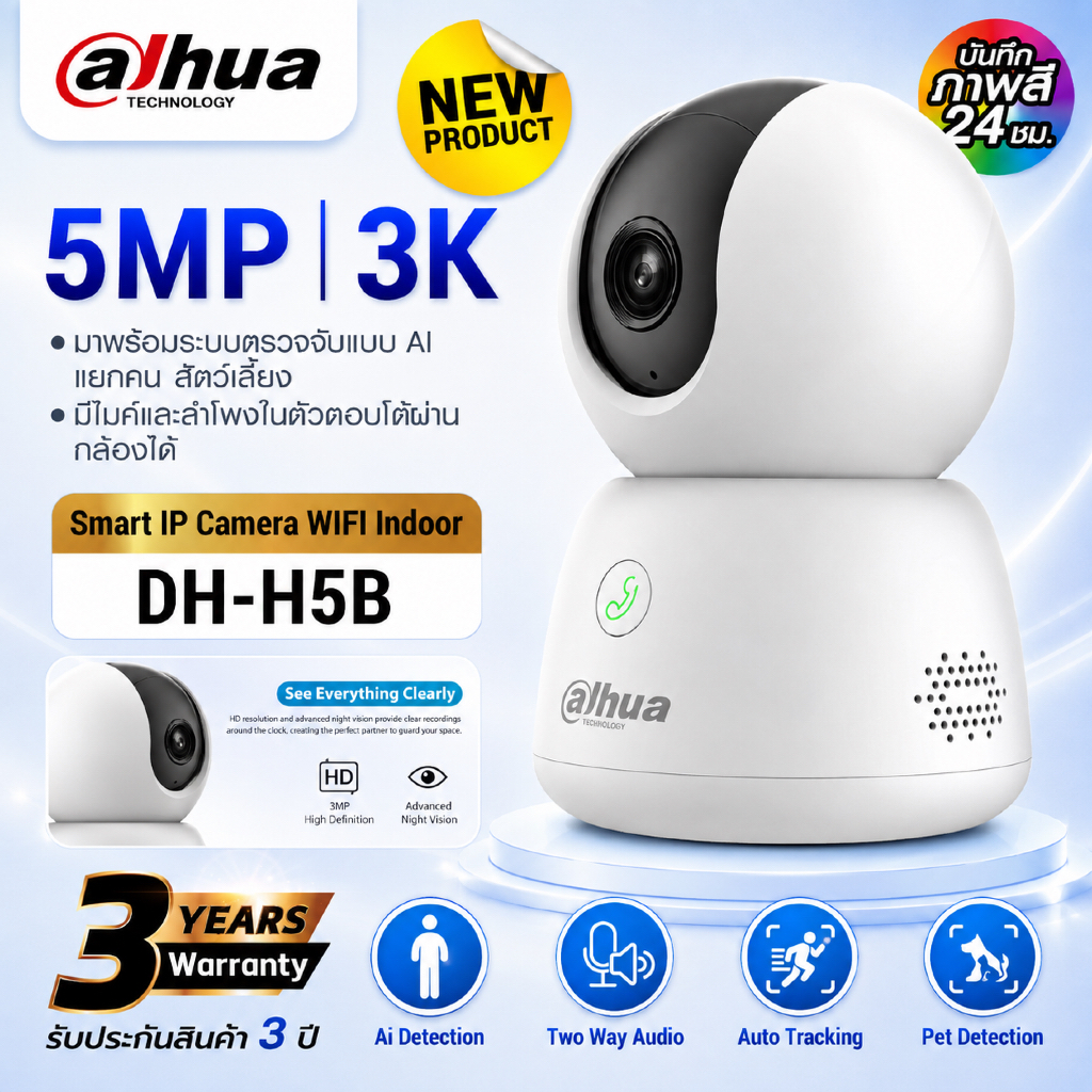 Dahua Wifi รุ่น DH-H5B คมชัด5ล้าน มี AI ตรวจจับสัตว์เลี้ยง ตรวจจับเสียงผิดปกติ มีปุ่มกดแจ้งเตือน ประ