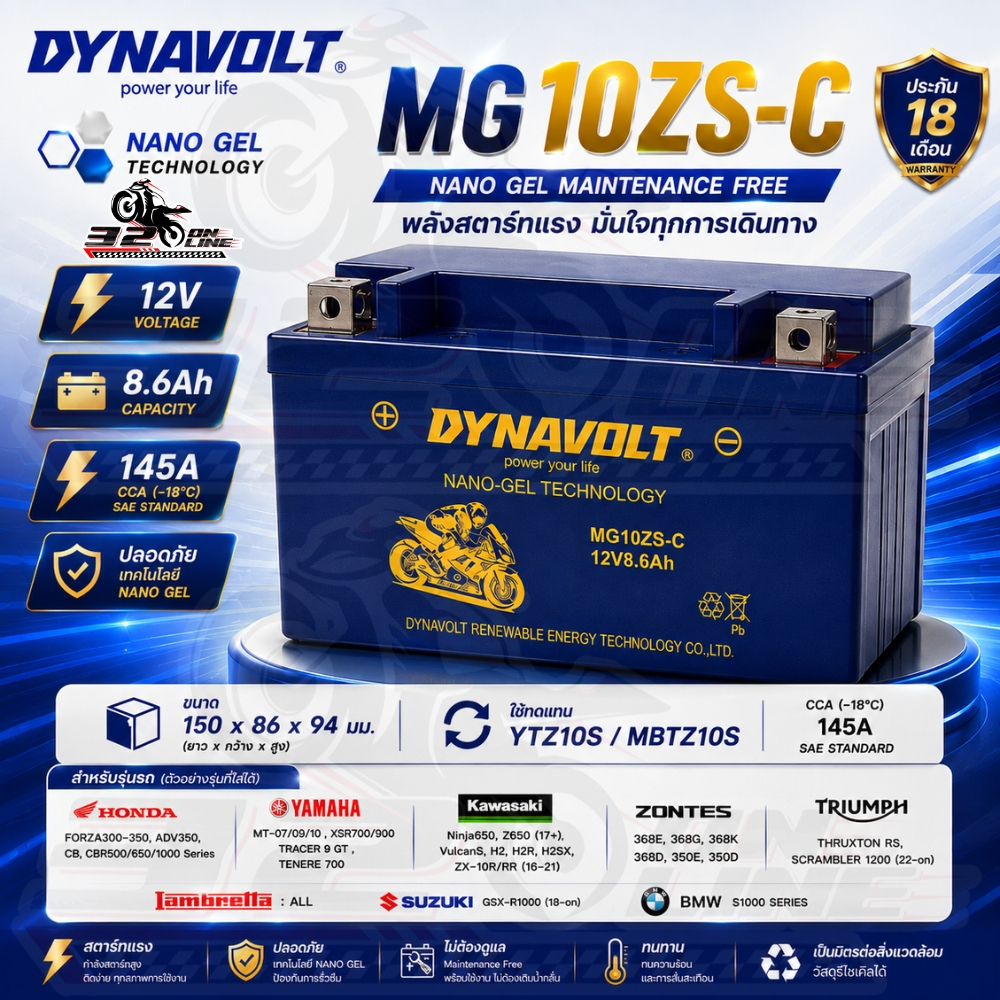 ประกัน 18 เดือน แบตเตอร์รี่เจล DYNAVOLT NANO GEL MG10ZS-C ของแท้ ส่งไว 320sp.online