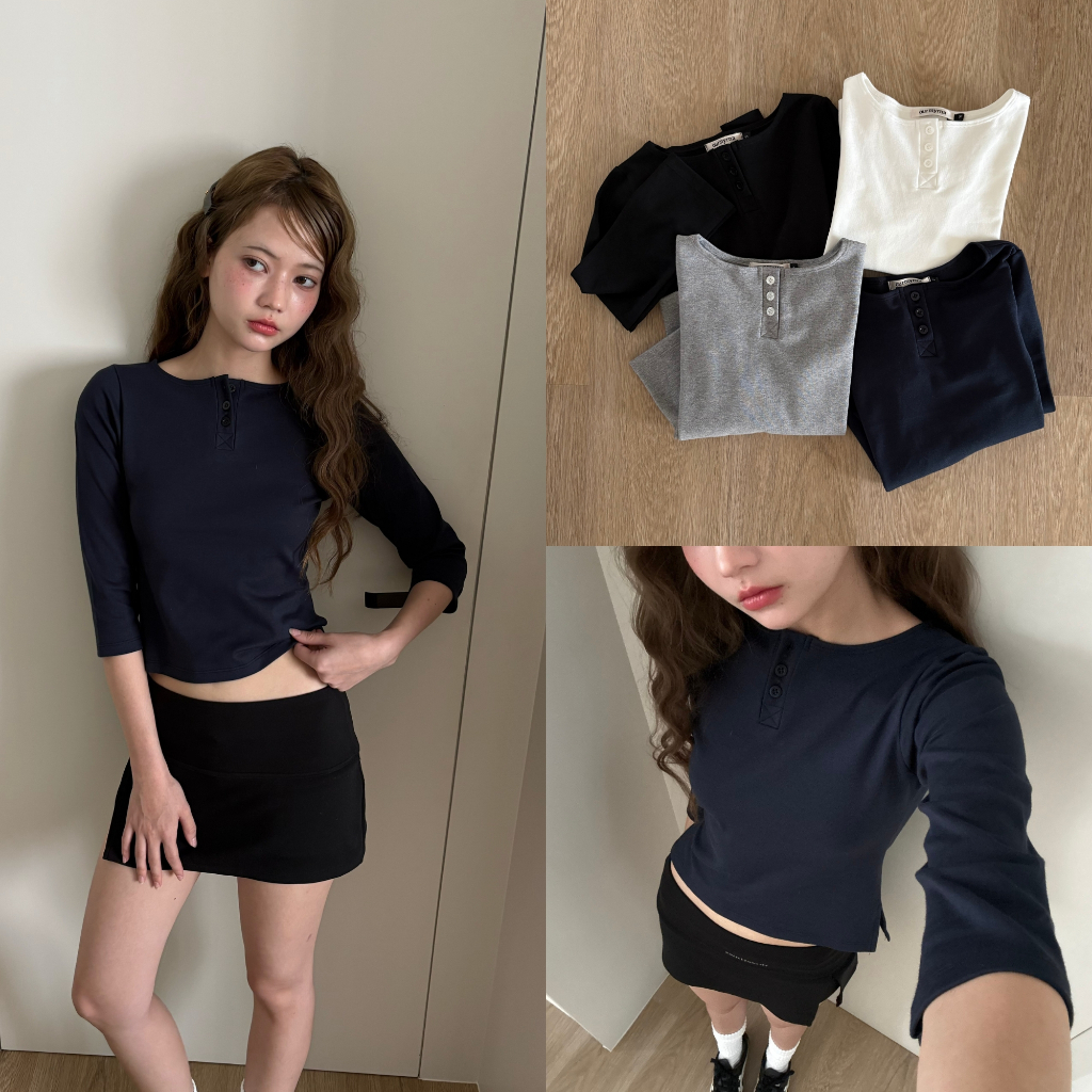 [พร้อมส่ง / พรีออเดอร์] 3/4 slit button top (navy)