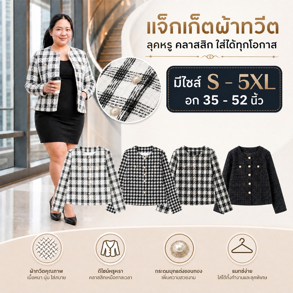 แจ็กเก็ตผ้าทวีต ไซส์ S-5XL กระดุมมุก ลุคดูแพง ใส่ทำงาน/ออกงาน ใส่สวยทุกโอกาส พรางหุ่นได้ดีมาก