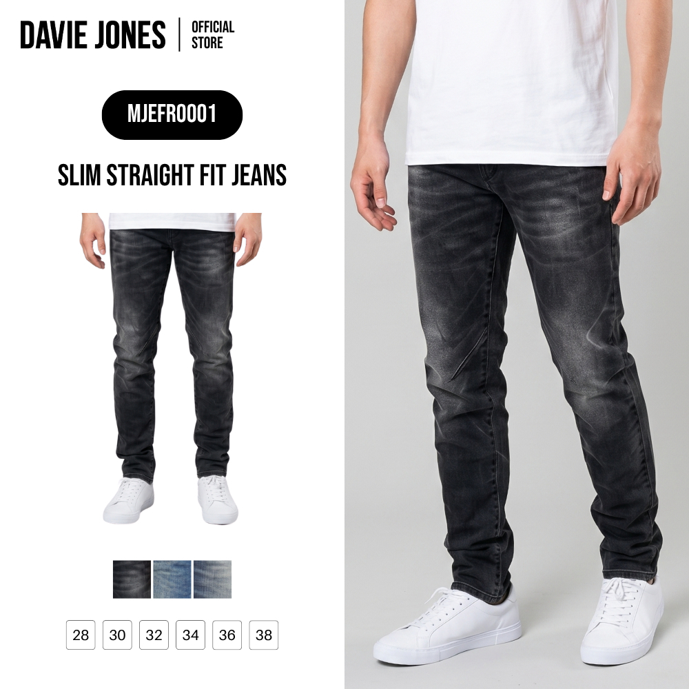 DAVIE JONES [BE FEARLESS] กางเกงยีนส์ผู้ชาย Slim Straight Fit Jeans  สีดำฟอก น้ำเงิน น้ำเงินฟอก FR0001