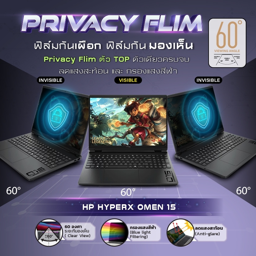 Maximum ฟิล์มกันรอยหน้าจอ คอม โน๊ตบุ๊ค รุ่น hp hyperx omen 15 ขนาดฟิล์ม 15.3 นิ้ว : 32.9 x 20.6 ซม.