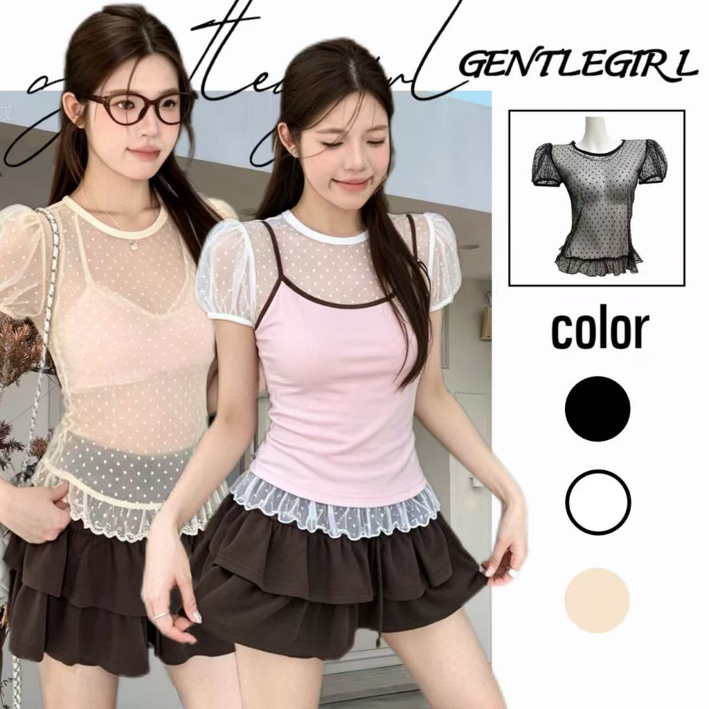 #GG🎀เสื้อยืดคอกลมผ้าตาข่ายลายจุดระบายซ้อนชั้น เสื้อแขนยาวทรงพองคอกลมสำหรับฤดูร้อน
