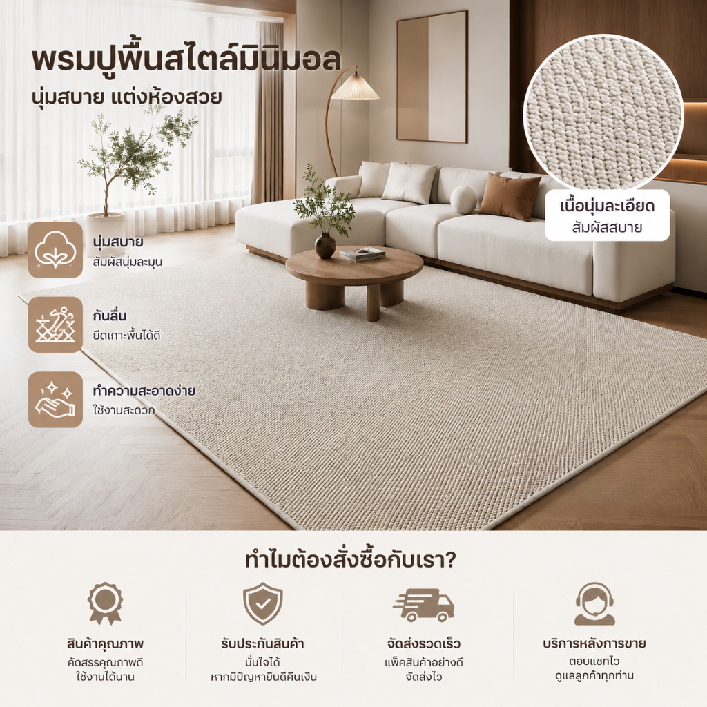 ส่งจากกรุงเทพฯ | พรมปูพื้น พรมห้องนั่งเล่น พรมห้องนอน สไตล์มินิมอล ขนนุ่ม กันลื่น แต่งบ้านสวย มีหลายขนาด 160×200 ซม.