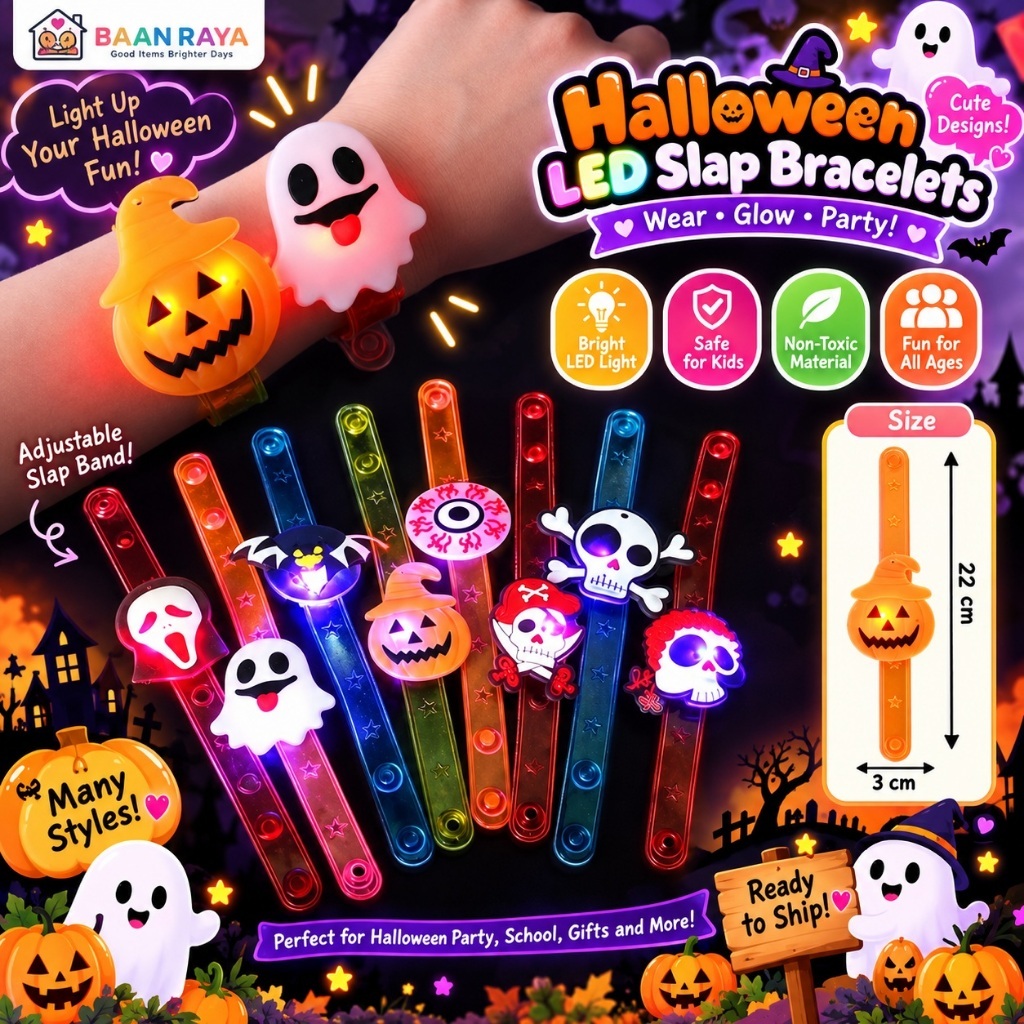 สร้อยข้อมือฮาโลวีนเด็ก เรืองแสง LED สายรัดข้อมือ Pumpkin Ghost ของแจกปาร์ตี้ Halloween Party Baan Raya